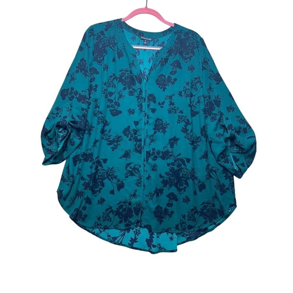 41 Hawthorn Emerald‎ Green Floral Roll Tab Sleeve Blouse 3X WPW10272